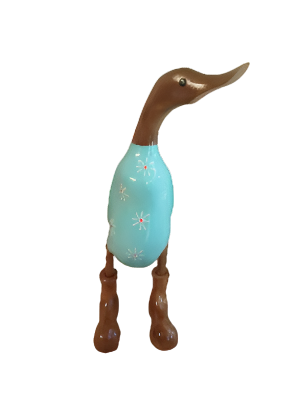 Bamboo And Teak  Duck With  Pretty  Blue  Flowers And Boots Just Landed