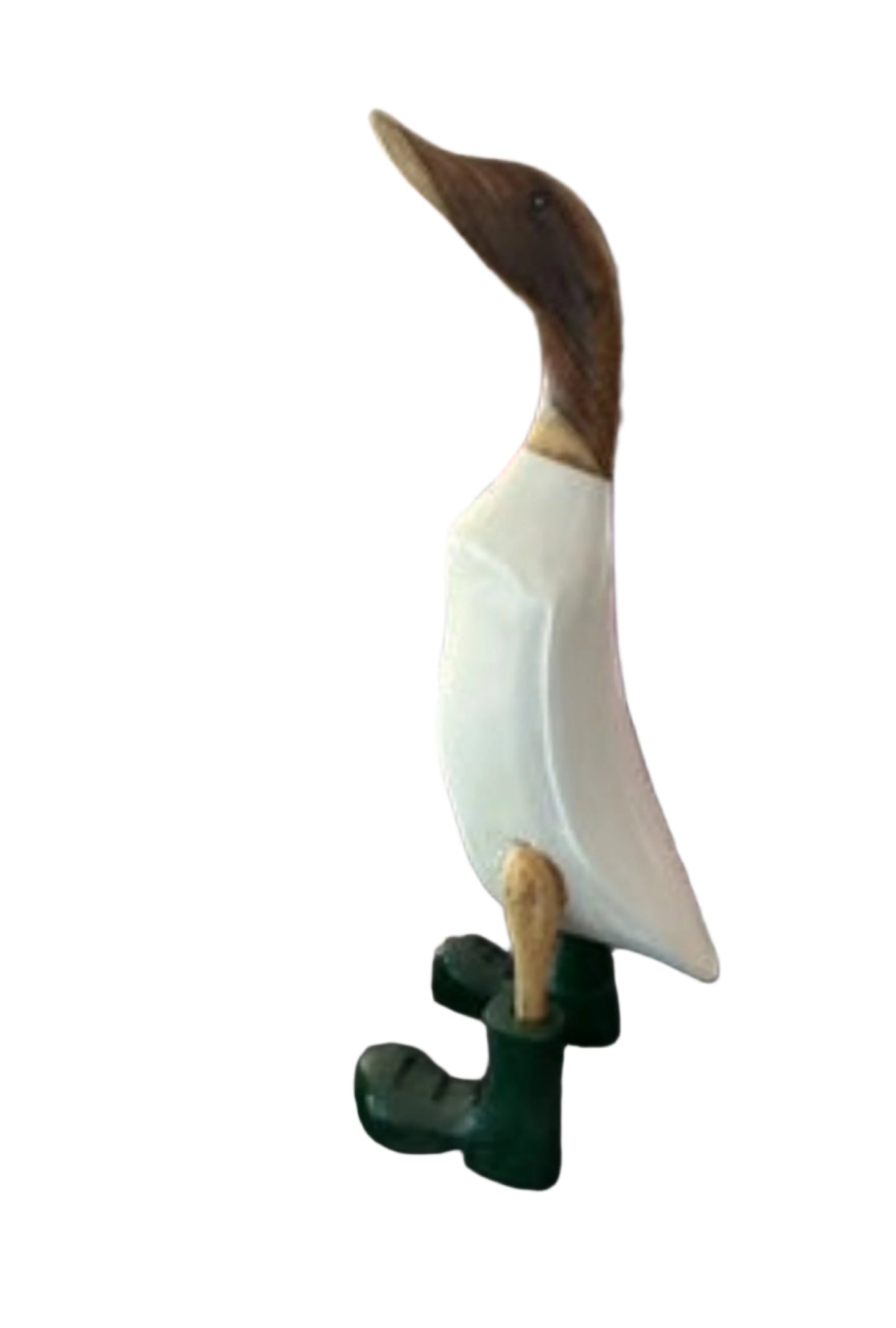 A Wooden Duck White With Green Boots