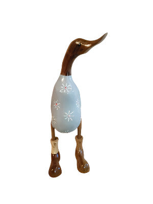 A Bamboo And Teak  Duck With  Pretty Grey   Flowers And Boots