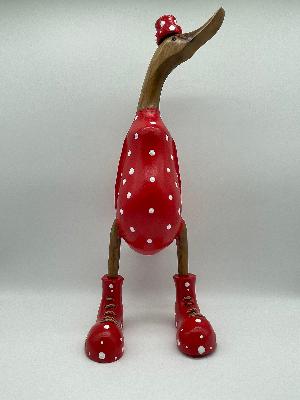 Duck Wooden Red With White Polka Dots Boots  And Hat Just Landed