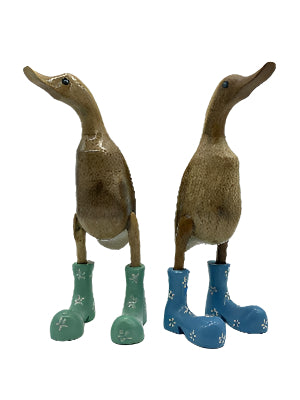 A Duck Wooden With  Green  Boots And Flowers