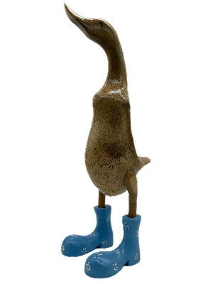 A Duck Wooden With Blue   Boots And Flowers