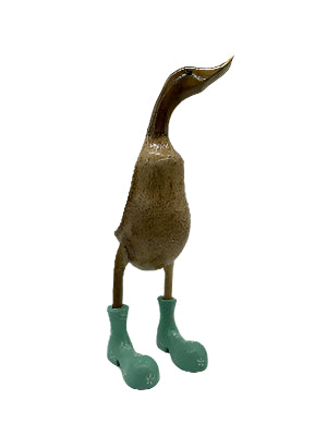 A Duck Wooden With  Green  Boots And Flowers