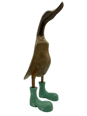 A Duck Wooden With  Green  Boots And Flowers