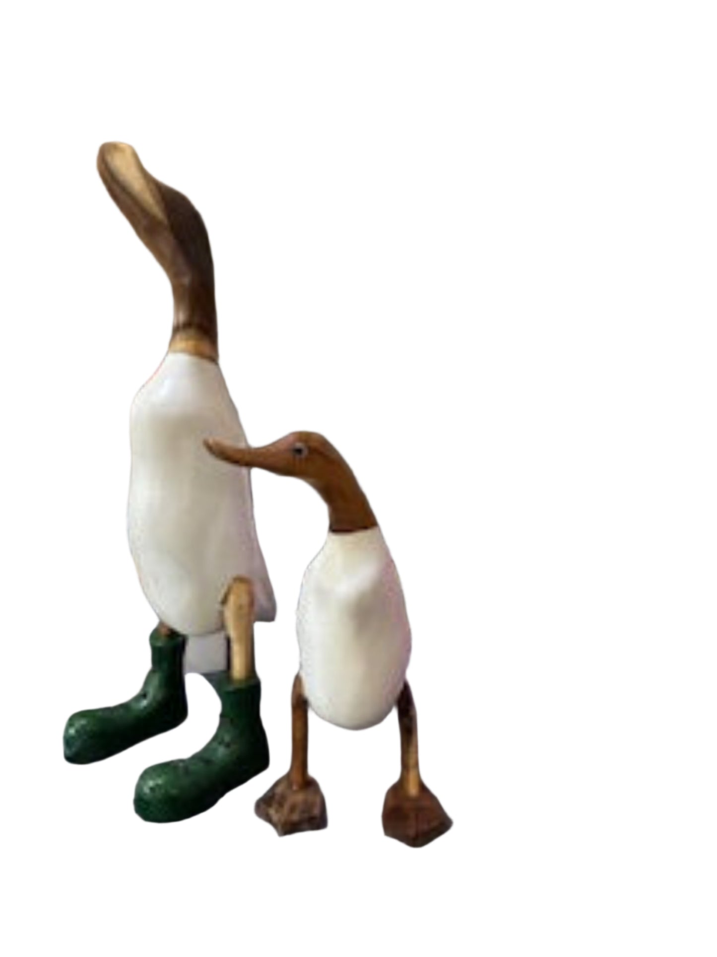 A Wooden Duck White With Green Boots