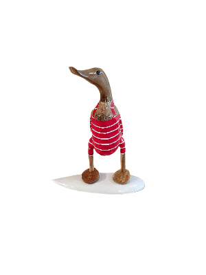 A Surfer Duck 25cm Wooden Duck in Red and White.