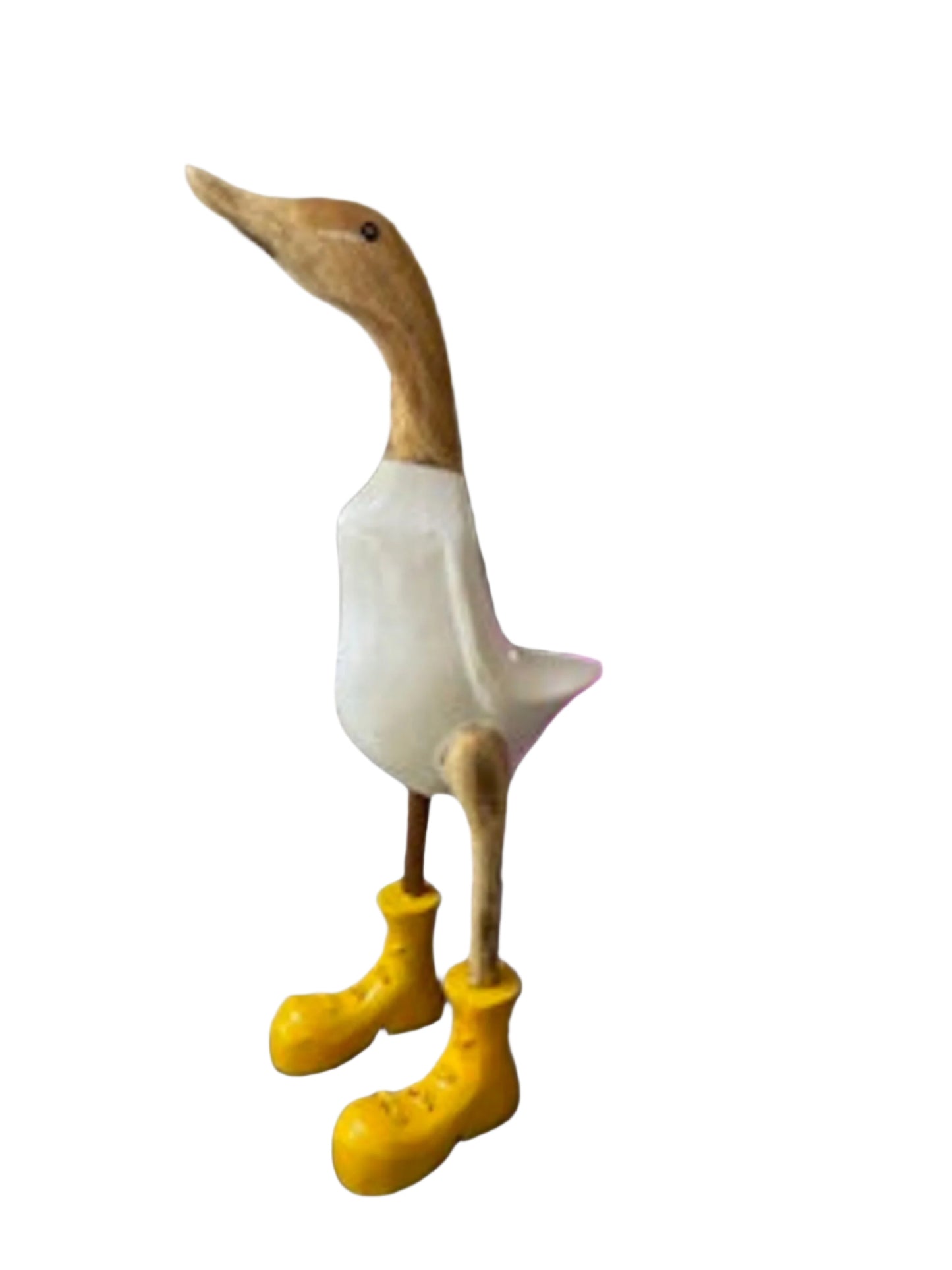 A Wooden Duck White With Yellow Boots